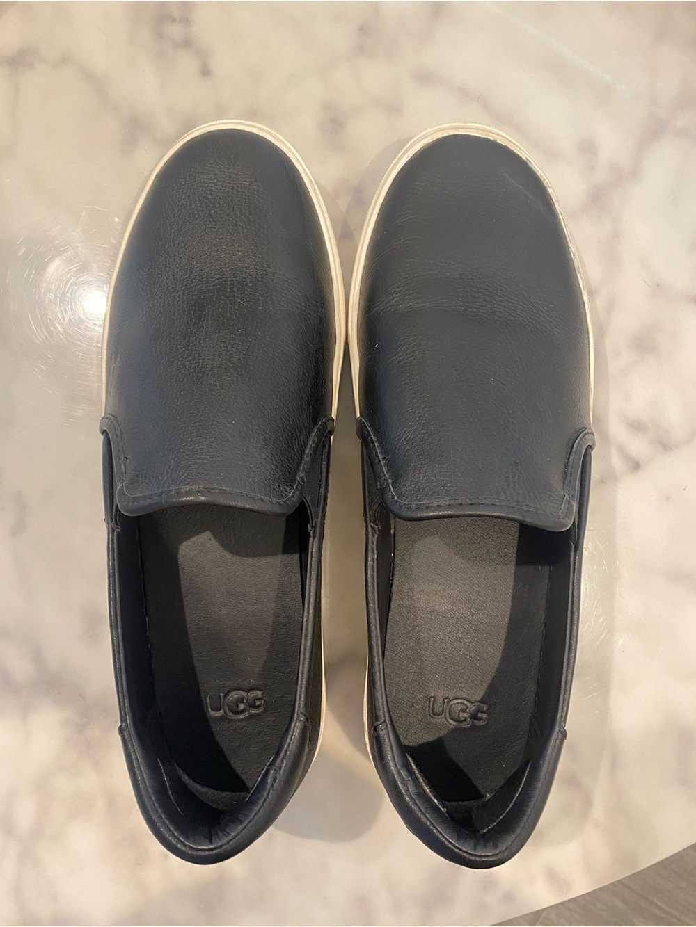 UGG Black Leather Slip-On Shoes with White Sole
